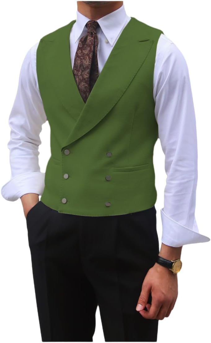 Men's Fashion Double-Breasted Dress Vest Formal Waistcoat British Gun Lapel Collar Suit Vest