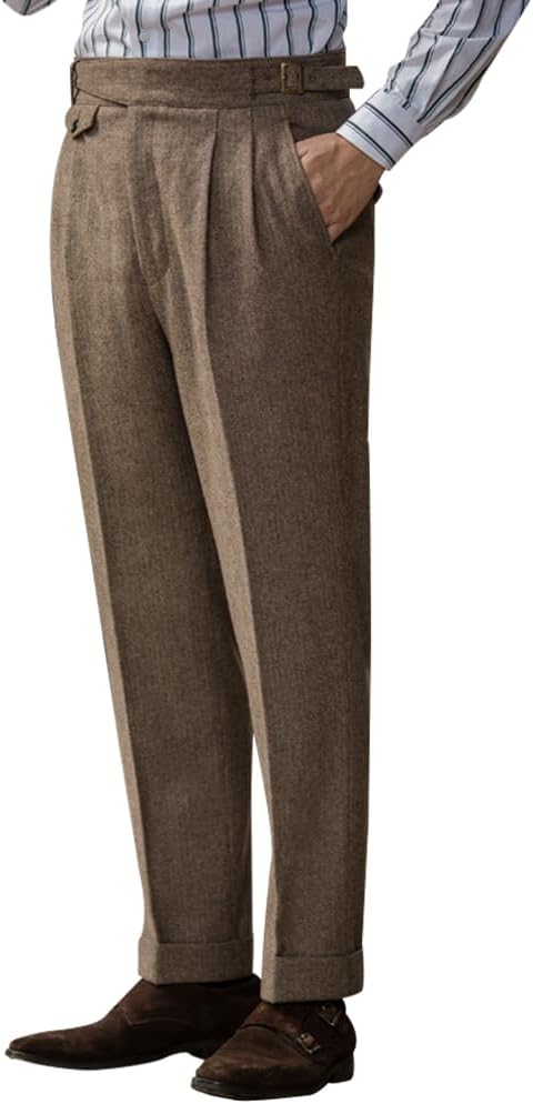 Men's Winter Retro Woolen Gurkha Pant Straight Flat Front Chino High Waist Tapered Leg Rolled Pants,Two Styles