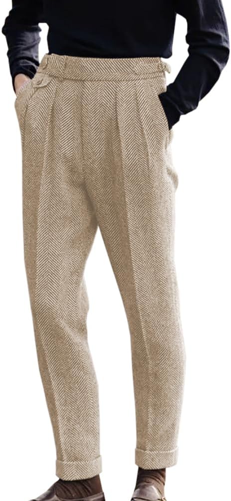 Men's High Waisted Tweed Dress Pants Pleated Front Vintage Wool Trousers
