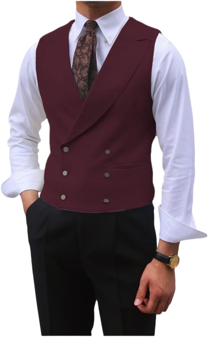 Men's Fashion Double-Breasted Dress Vest Formal Waistcoat British Gun Lapel Collar Suit Vest