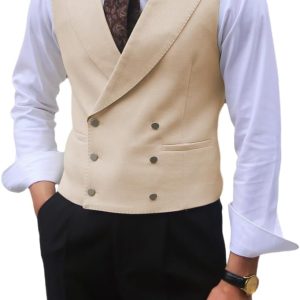 Men's Fashion Double-Breasted Dress Vest Formal Waistcoat British Gun Lapel Collar Suit Vest