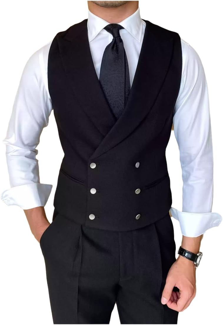 Men's Fashion Double-Breasted Dress Vest Formal Waistcoat British Gun Lapel Collar Suit Vest