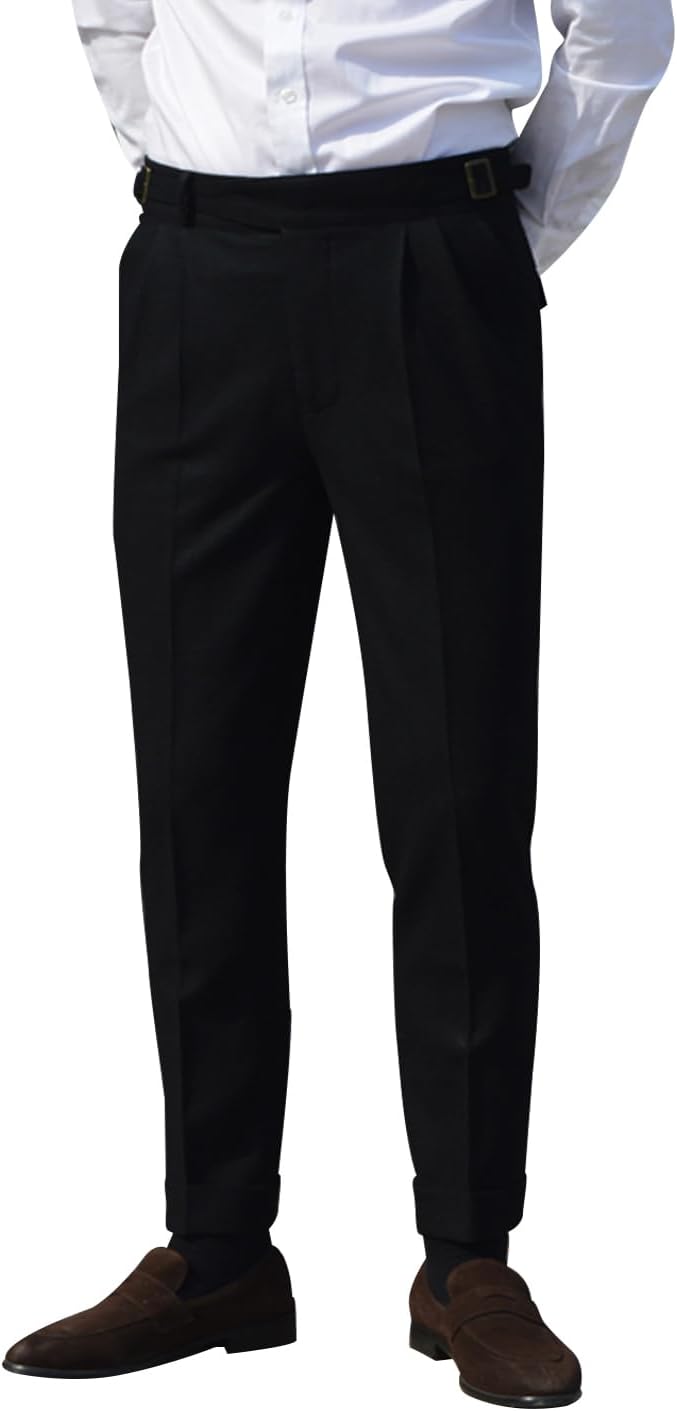 Men's Winter Retro Woolen Gurkha Pant Straight Flat Front Chino High Waist Tapered Leg Rolled Pants,Two Styles