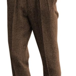 Men's High Waisted Tweed Dress Pants Pleated Front Vintage Wool Trousers