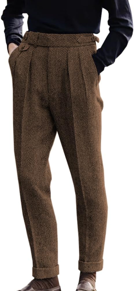 Men's High Waisted Tweed Dress Pants Pleated Front Vintage Wool Trousers
