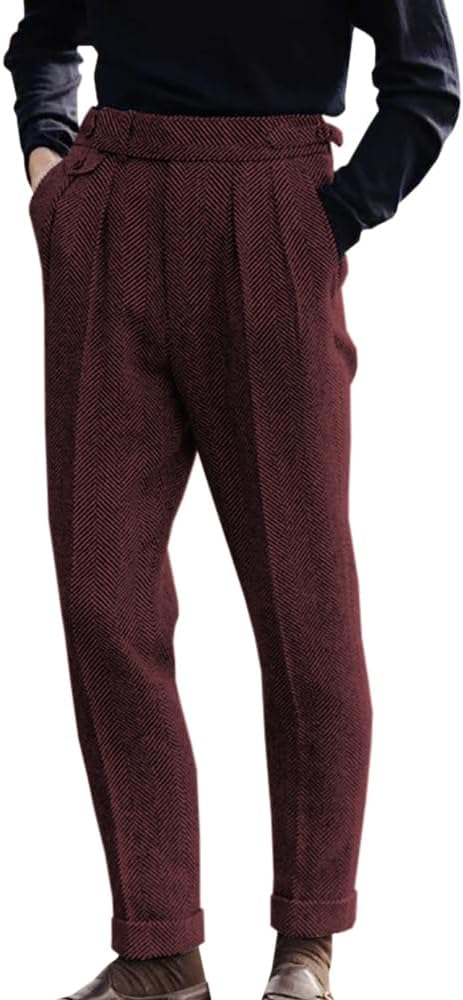 Men's High Waisted Tweed Dress Pants Pleated Front Vintage Wool Trousers