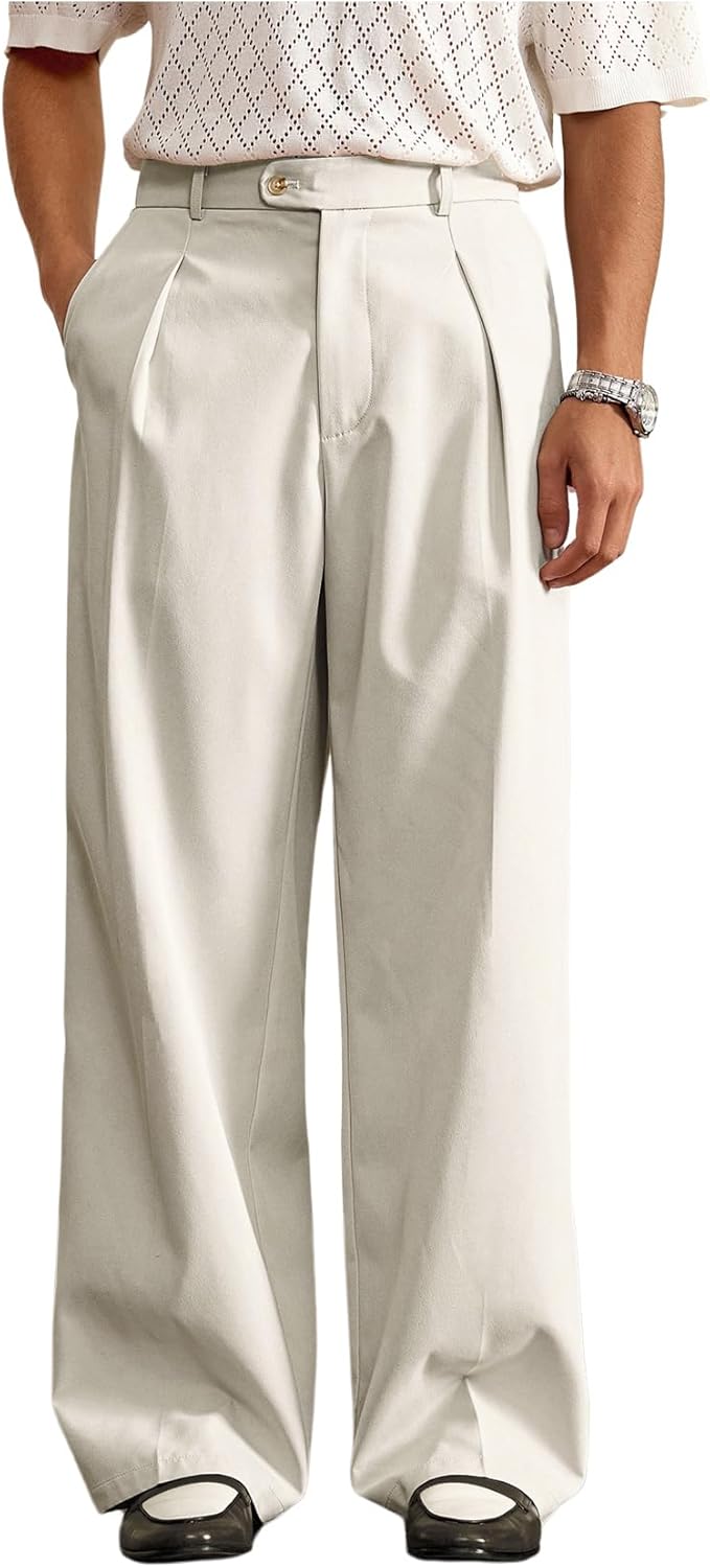 Men's Pleated Baggy Dress Pants High Waisted Wide Leg Pants Casual Work Trousers with Pockets Slacks for Men