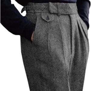 Men's High Waisted Dress Pants Pleated Front Tweed Retro Wool Trousers