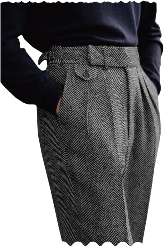 Men's High Waisted Dress Pants Pleated Front Tweed Retro Wool Trousers