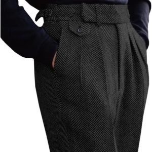 Men's High Waisted Dress Pants Pleated Front Tweed Retro Wool Trousers