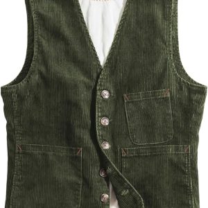 Men's Vintage Corduroy Suit Vest Casual V-Neck Dress Waistcoat