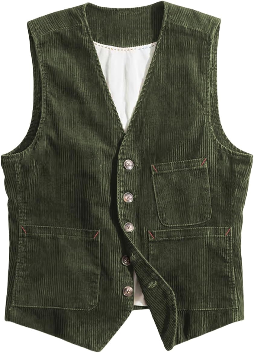 Men's Vintage Corduroy Suit Vest Casual V-Neck Dress Waistcoat