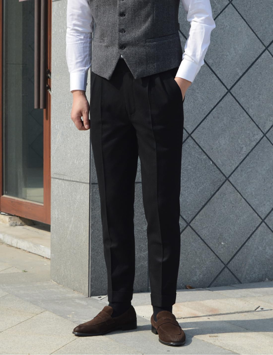 Men's Winter Retro Woolen Gurkha Pant Straight Flat Front Chino High Waist Tapered Leg Rolled Pants,Two Styles - Image 2