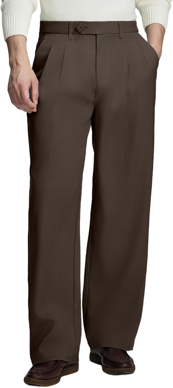 Mens Casual Dress Pants Old Money Pleated Baggy Wide Leg Vintage Relaxed Fit Slacks Work Office Trousers