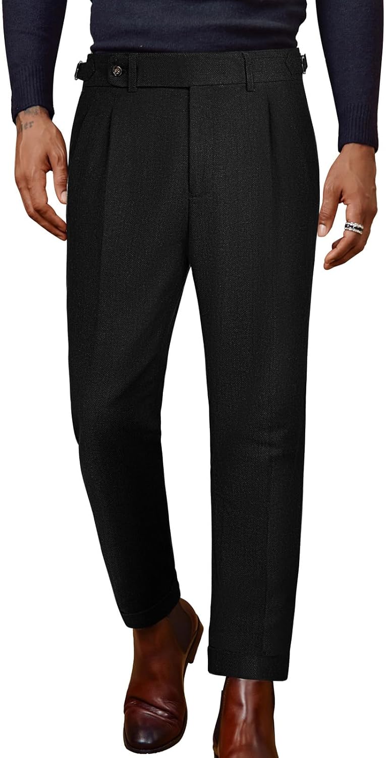 Men Vintage Tweed Pants Herringbone Pleated Suit Trousers - Image 2