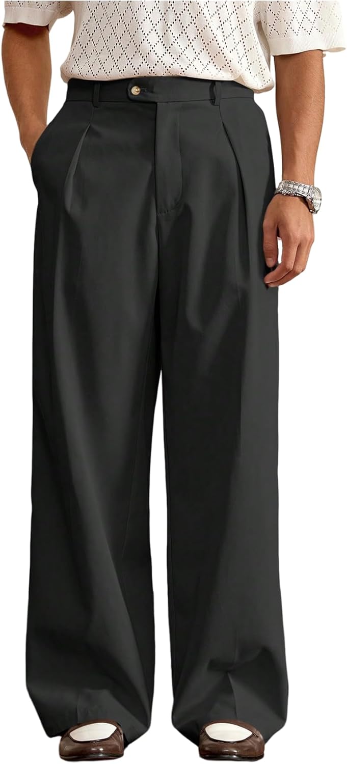 Men's Pleated Baggy Dress Pants High Waisted Wide Leg Pants Casual Work Trousers with Pockets Slacks for Men