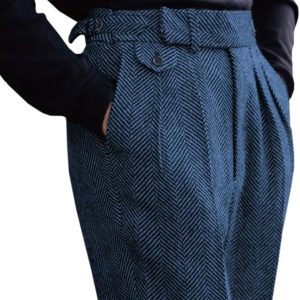 Men's High Waisted Dress Pants Pleated Front Tweed Retro Wool Trousers