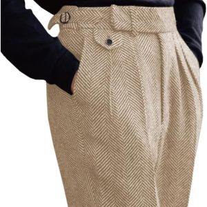 Men's High Waisted Dress Pants Pleated Front Tweed Retro Wool Trousers