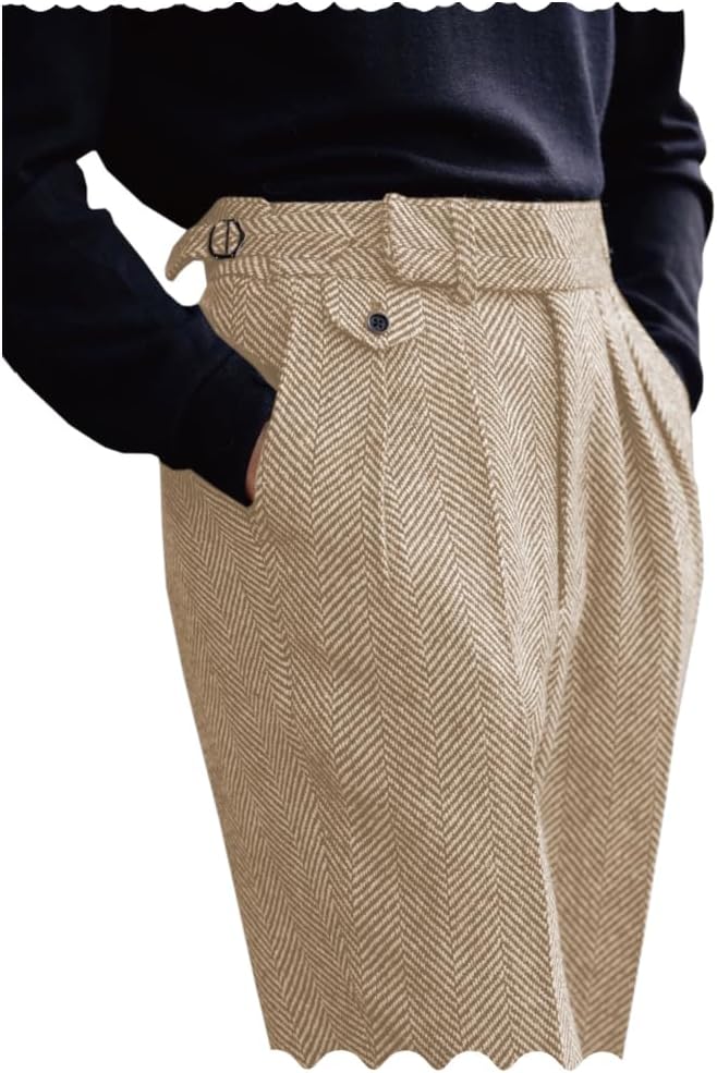 Men's High Waisted Dress Pants Pleated Front Tweed Retro Wool Trousers