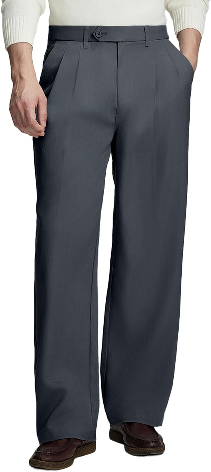 Mens Casual Dress Pants Old Money Pleated Baggy Wide Leg Vintage Relaxed Fit Slacks Work Office Trousers