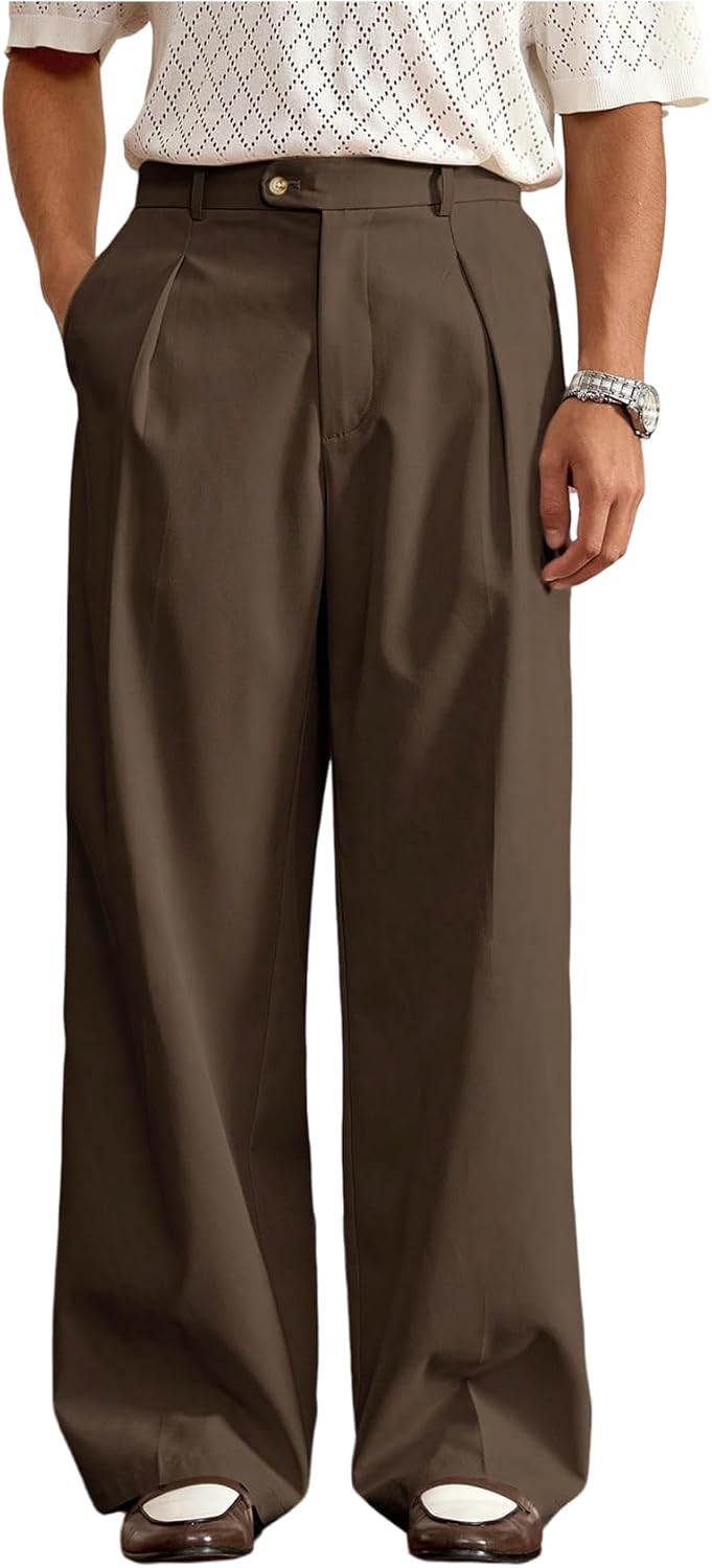 Men's Pleated Baggy Dress Pants High Waisted Wide Leg Pants Casual Work Trousers with Pockets Slacks for Men