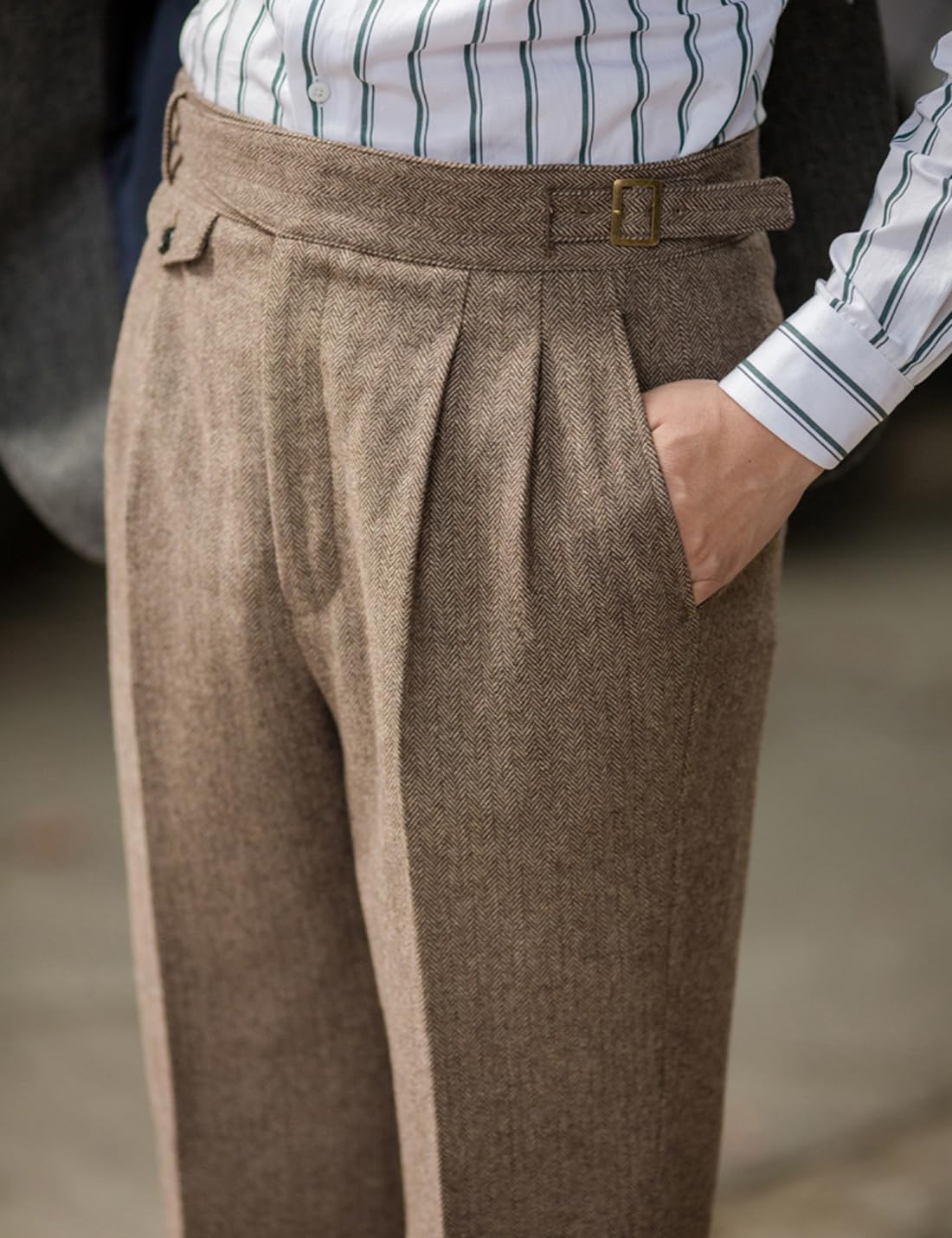 Men's Winter Retro Woolen Gurkha Pant Straight Flat Front Chino High Waist Tapered Leg Rolled Pants,Two Styles - Image 2