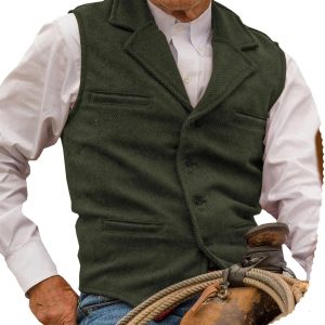 Mens Tweed Vests Herringbone Waistcoats Retro Casual Wedding Wool Business Vests