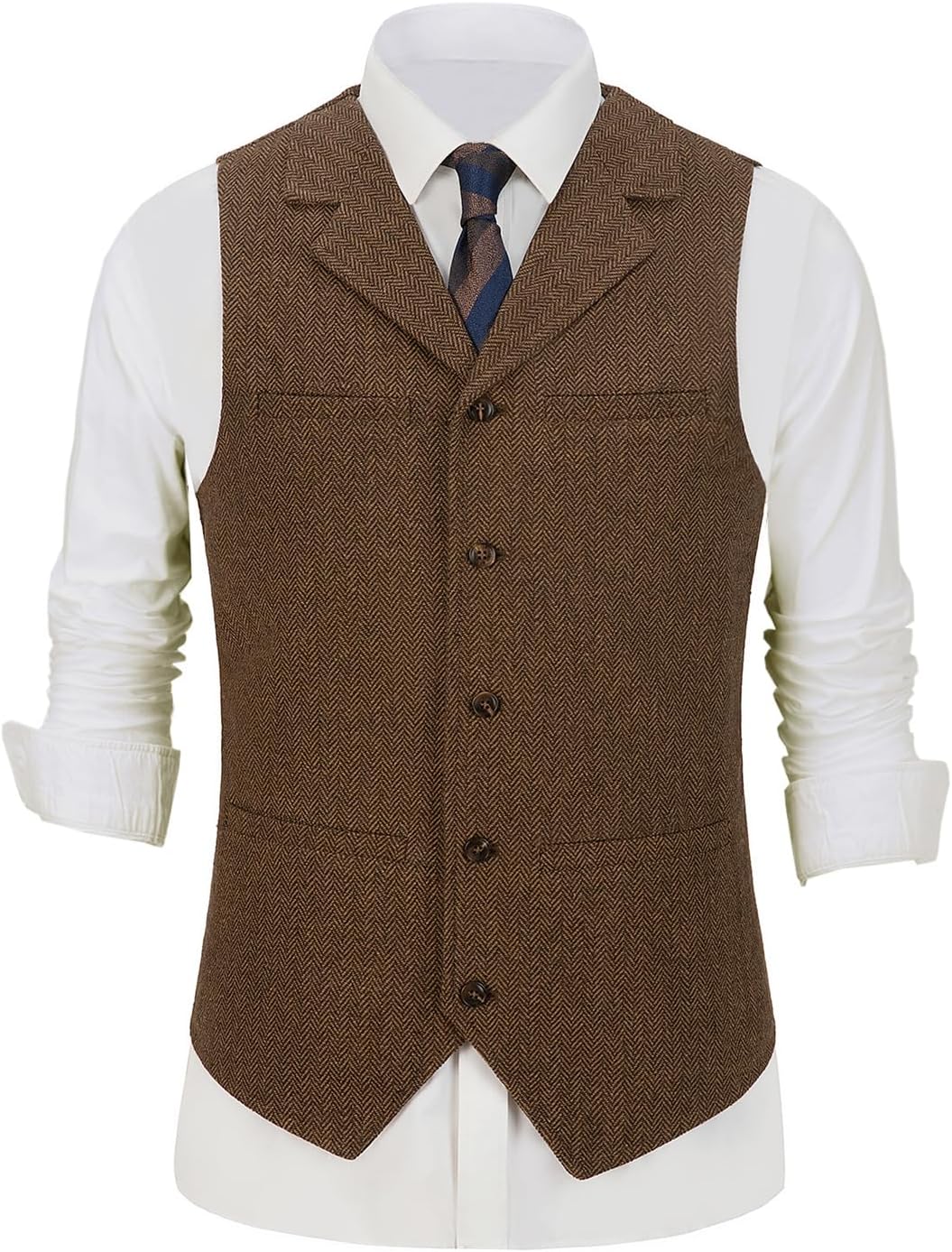 Mens Tweed Vests Herringbone Waistcoats Retro Casual Wedding Wool Business Vests - Image 2