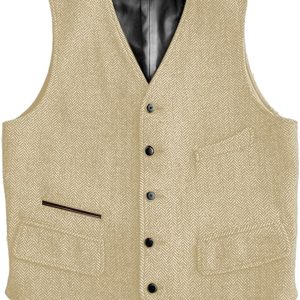 Mens Vintage Classic Herringbone Pattern Suit Vest V Neck Casual Wool Blend Waistcoat for Men