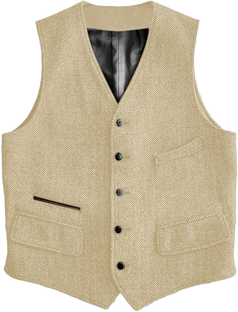 Mens Vintage Classic Herringbone Pattern Suit Vest V Neck Casual Wool Blend Waistcoat for Men