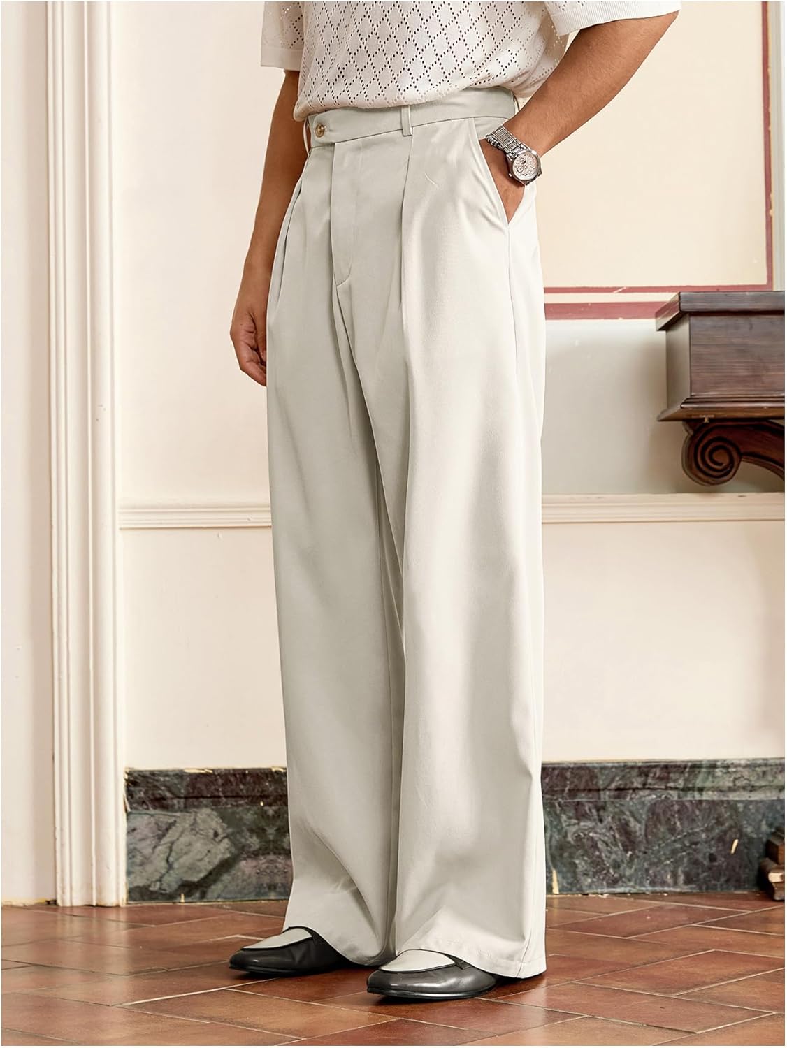 Men's Pleated Baggy Dress Pants High Waisted Wide Leg Pants Casual Work Trousers with Pockets Slacks for Men - Image 2