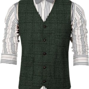 Mens Vintage Suit Vest Plaid Tweed Waistcoat Casual Dress Vest