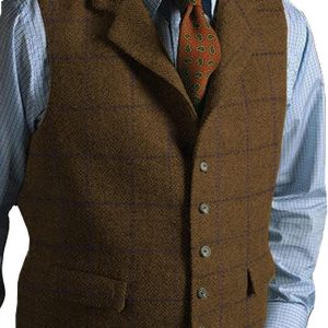 Mens Casual Plaid Suit Vest Tweed Slim Fit Waistcoat for Wedding Groomsmen