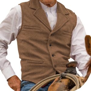 Mens Tweed Vests Herringbone Waistcoats Retro Casual Wedding Wool Business Vests
