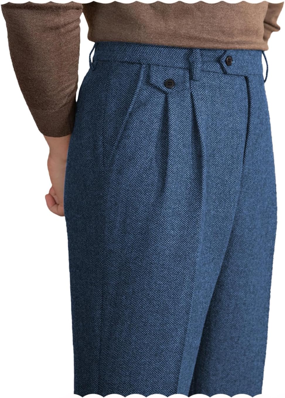 Mens Pants Tweed Herringbone Vintage Dress Pant Trousers Regular Fit Suit Pants for Men