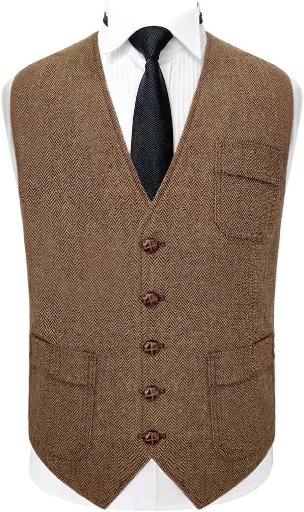 Mens Vintage Tweed Suit Vest V Neck Casual Wool Waistcoat for Wedding Groomsmen Men's Formal Vest - Image 2