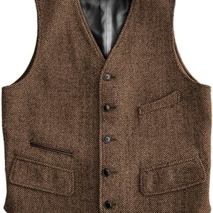 Mens Vintage Classic Herringbone Pattern Suit Vest V Neck Casual Wool Blend Waistcoat for Men