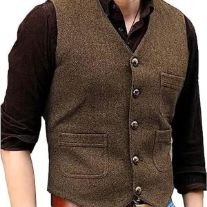 Mens Vintage Tweed Suit Vest V Neck Casual Wool Waistcoat for Wedding Groomsmen Men's Formal Vest