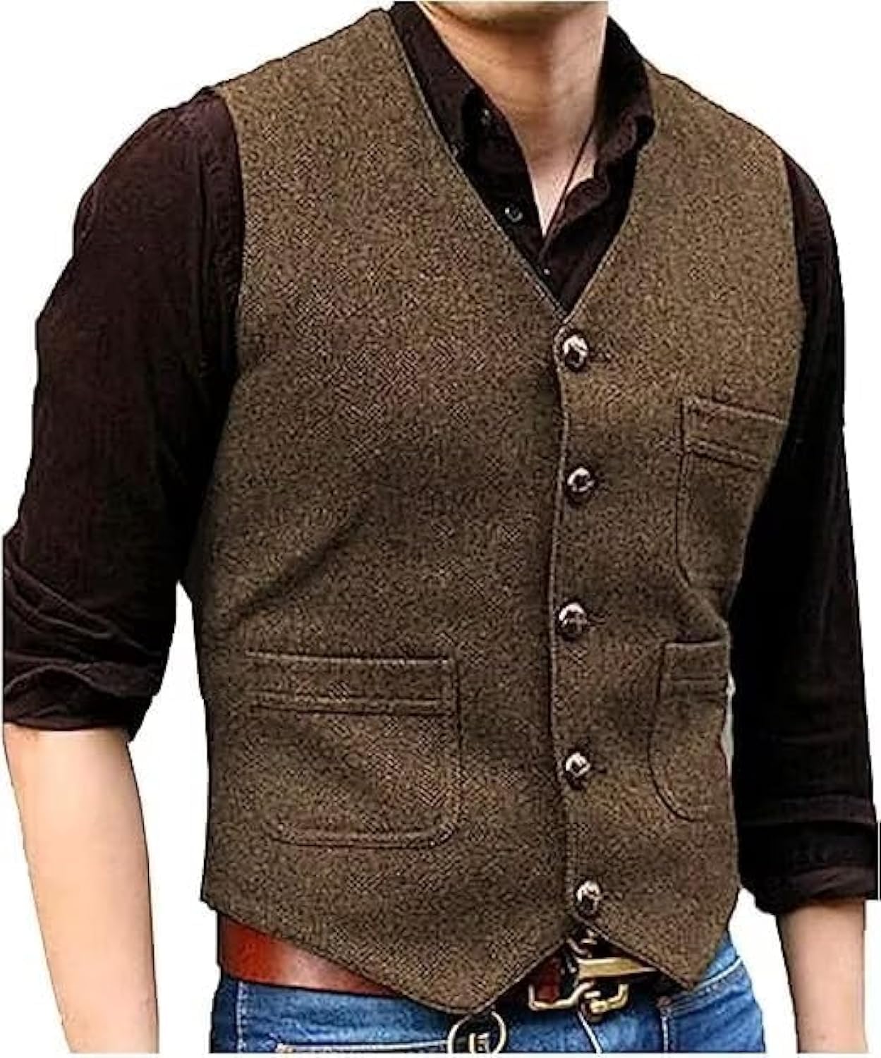 Mens Vintage Tweed Suit Vest V Neck Casual Wool Waistcoat for Wedding Groomsmen Men's Formal Vest