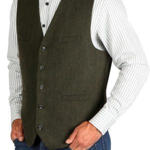 Wool Blend Irish Tweed Mens Vest with Full Back, Adjustable Fabric Belt, 4 Pockets, and Herringbone Pattern