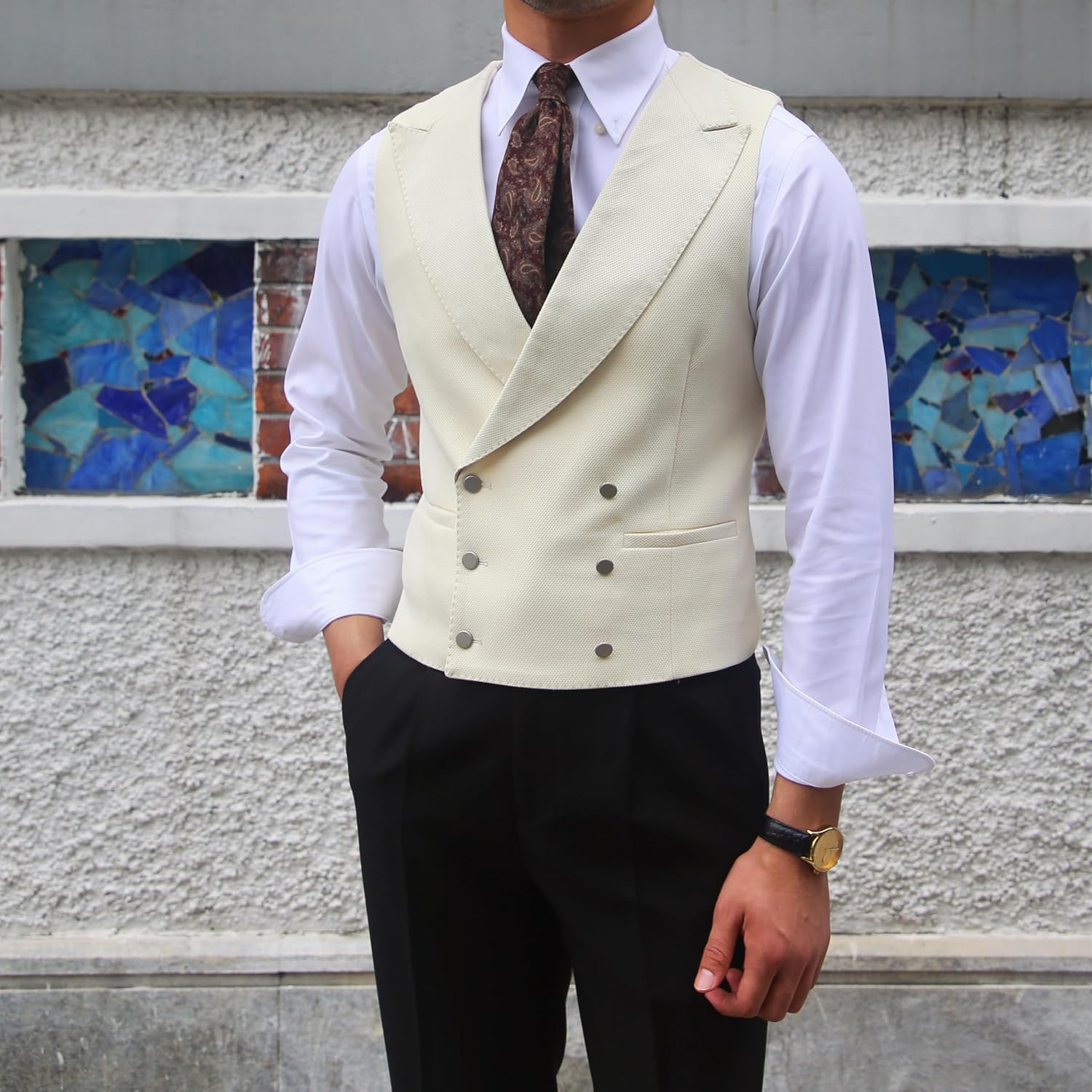 Men's Fashion Double-Breasted Dress Vest Formal Waistcoat British Gun Lapel Collar Suit Vest - Image 2