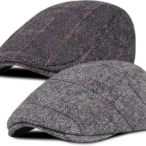2 Pack Newsboy Cap for Men Adjustable Herringbone Tweed Wool Hats Blend Flat Cap Ivy Cabbie Driving Hat