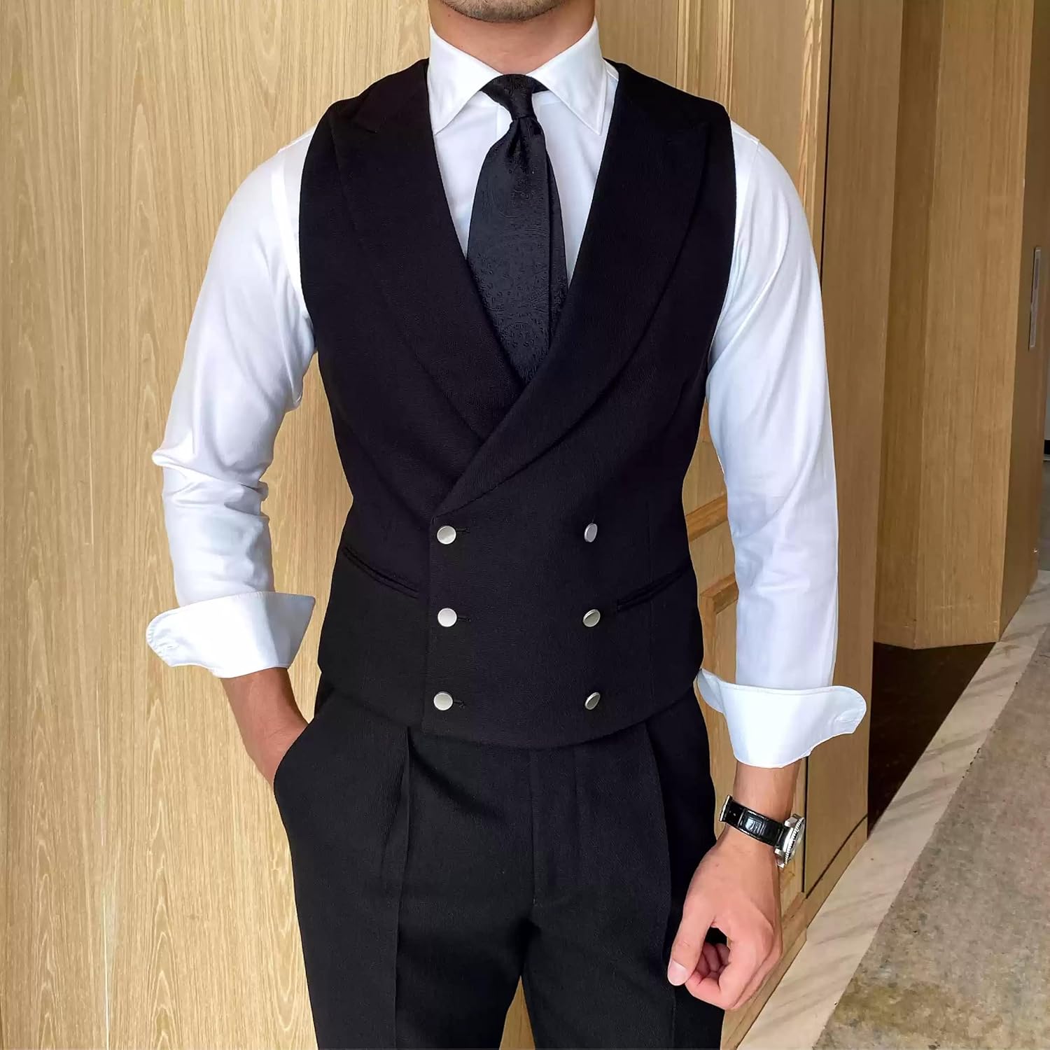 Men's Fashion Double-Breasted Dress Vest Formal Waistcoat British Gun Lapel Collar Suit Vest - Image 2