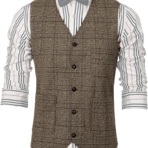 Mens Vintage Suit Vest Plaid Tweed Waistcoat Casual Dress Vest