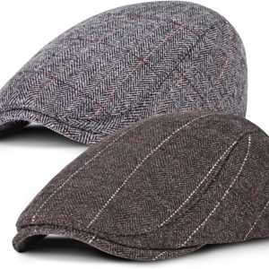 2 Pack Newsboy Cap for Men Adjustable Herringbone Tweed Wool Hats Blend Flat Cap Ivy Cabbie Driving Hat