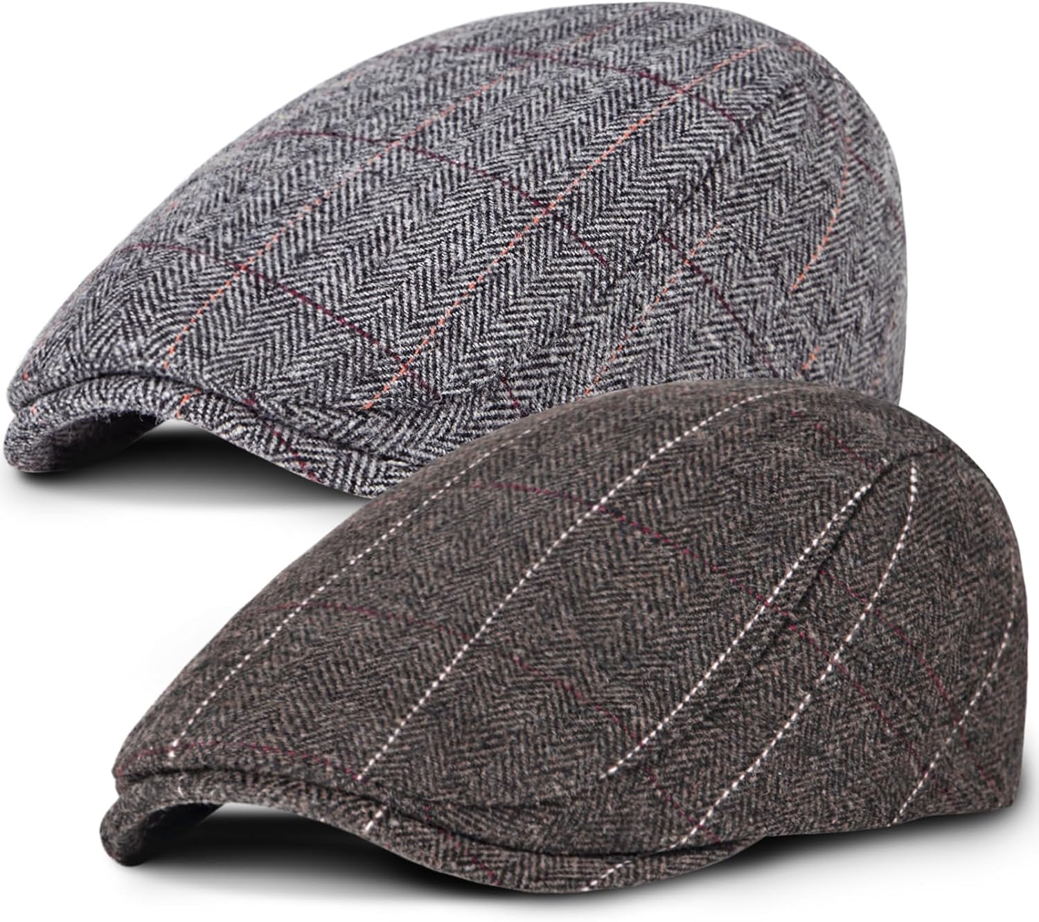 2 Pack Newsboy Cap for Men Adjustable Herringbone Tweed Wool Hats Blend Flat Cap Ivy Cabbie Driving Hat