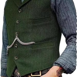 Mens Classic Wool Tweed Suit Vest Casual Sleeveless Jacket Herringbone Waistcoat for Tuxedos for Tuxedos