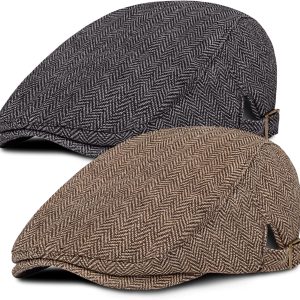 2 Pack Newsboy Cap for Men Adjustable Herringbone Tweed Wool Hats Blend Flat Cap Ivy Cabbie Driving Hat