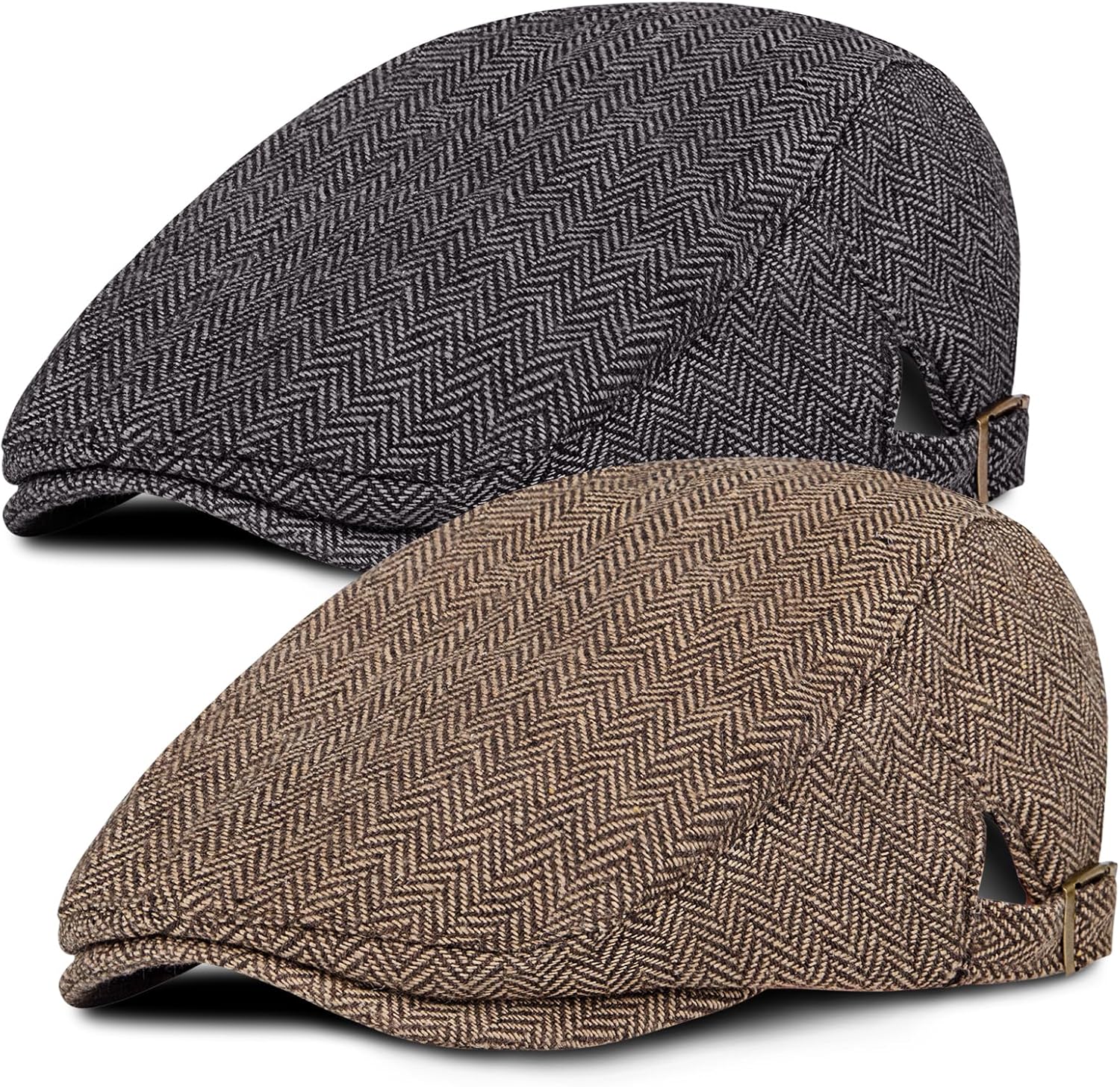 2 Pack Newsboy Cap for Men Adjustable Herringbone Tweed Wool Hats Blend Flat Cap Ivy Cabbie Driving Hat